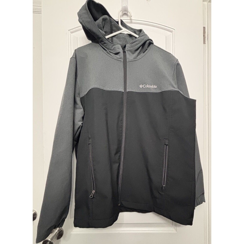 Columbia Men’s Large Hooded Softshell Jacket Gray Black Full Zip Outdoor Coat